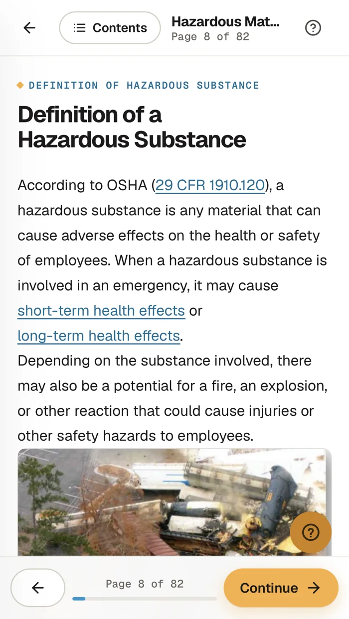 A course lesson on a phone: the lesson title, text with links to OSHA references, a photo, and a Continue button at the bottom.